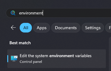 The start menu with the environment variable program showing