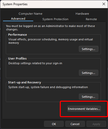 The system properties program, with Environment Variables highlighted