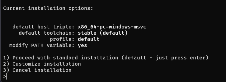 Screenshot of the rustup installer